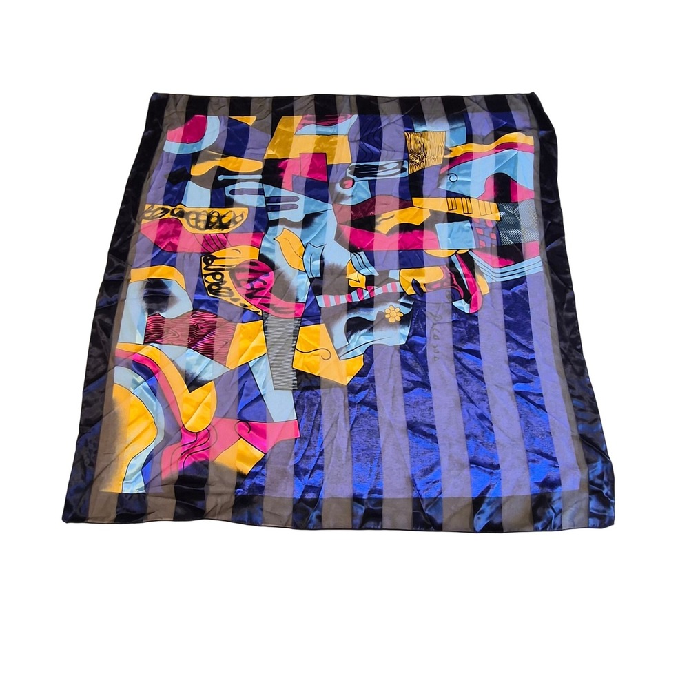 Vintage Abstract Geometric Striped Square Scarf Blue Pink Yellow 38x38